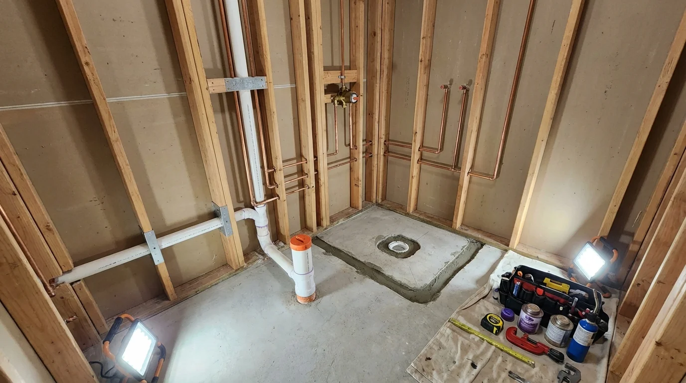 Bathroom rough-in plumbing during remodel by Johns Plumbing LLC in Carlisle
