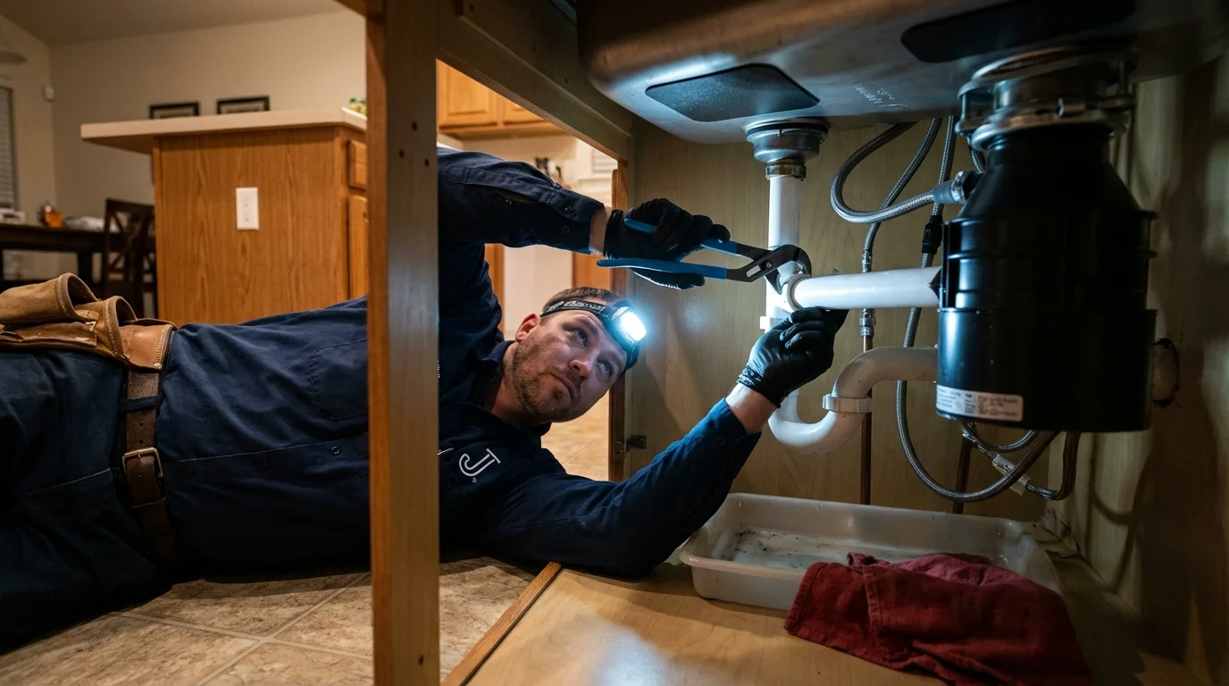 P-trap and supply line connections under a kitchen sink showing a common leak point in Carlisle, PA